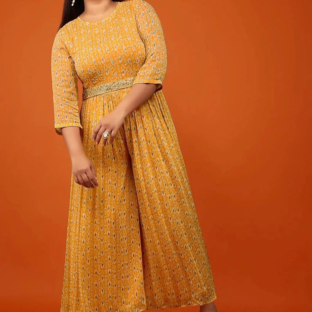 Kalki Mustard Jumpsuit In Georgette With All Over Print, Zari, 12
